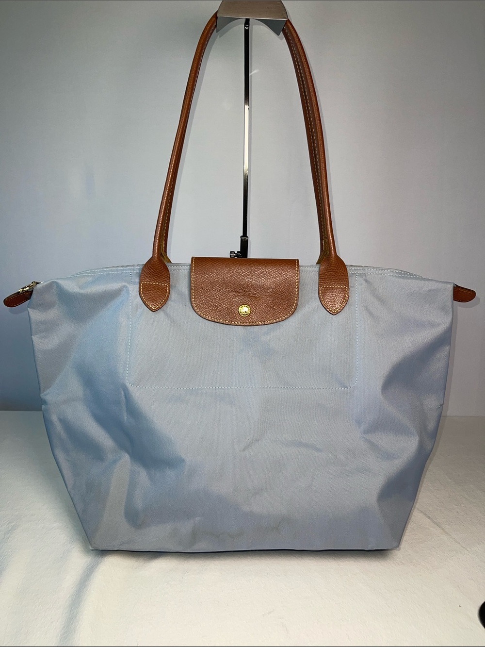 Longchamp Le Pliage Large Shopping Tote Blue Nylon Brown Leather
